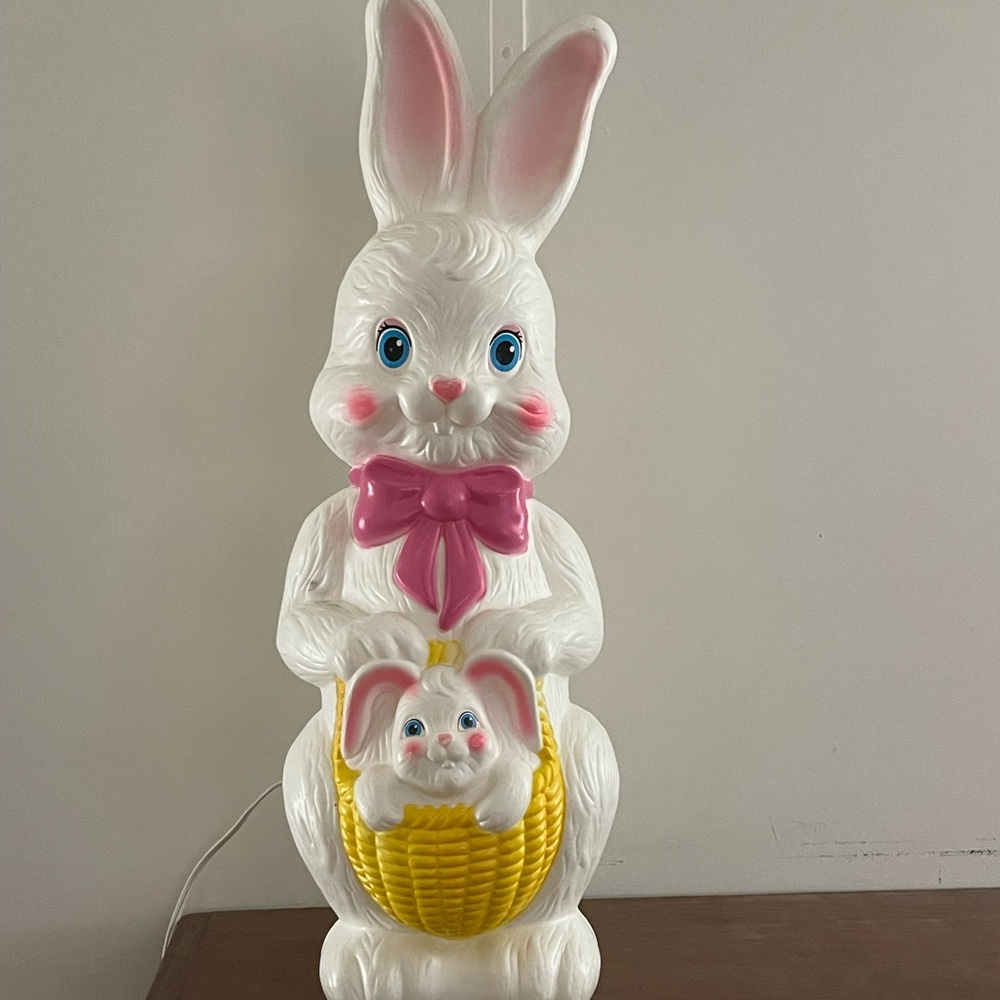 White and Pink Easter Bunny Lamp with Yellow Basket